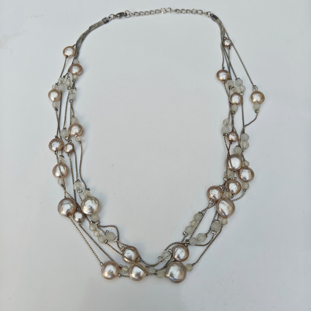 Champagne Faux Pearl Glass Bead Multi Strand Necklace Silver Tone Cable Chain